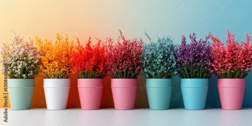 Colorful flowers in matching pots creating a vibrant rainbow display Colorful flowers in matching pots creating a vibrant rainbow display