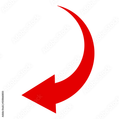 A simple, red, curved arrow pointing to the left and down on a white background. Direction symbol. Arrow symbol for app, UI, web. Vector illustration