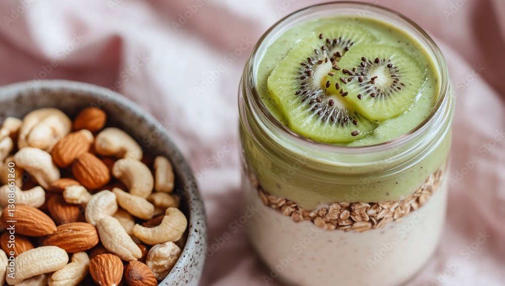 Healthy green smoothie in a jar with kiwi and nuts. Healthy green smoothie in a jar with kiwi and nuts.