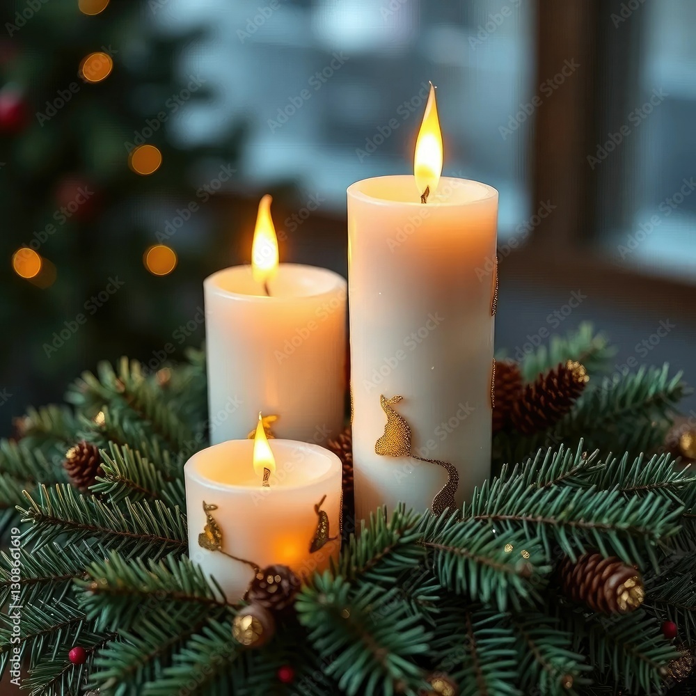 Candles with golden accents sit atop a lush pine branch arrangement, sparkle, shine, warm glow Candles with golden accents sit atop a lush pine branch arrangement, sparkle, shine, warm glow