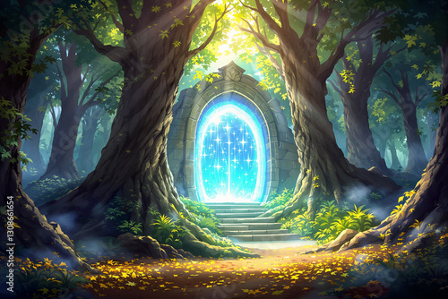 Mystical glowing portal in enchanted forest surrounded by tall trees and sunlight.