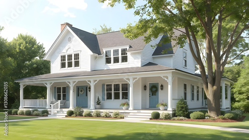 A large white house with a porch and a tree in front of it