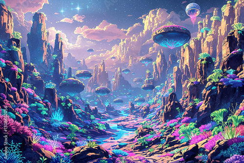 Futuristic alien landscape with floating islands, vibrant neon plants, and starry sky.