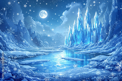 Snowy mountain landscape with icy peaks, reflective frozen lake under full moon and falling snowflakes.