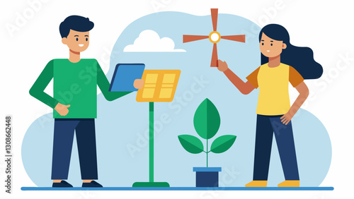 Two students showcasing their homemade windmill which they explain harnesses renewable energy.. Vector illustration