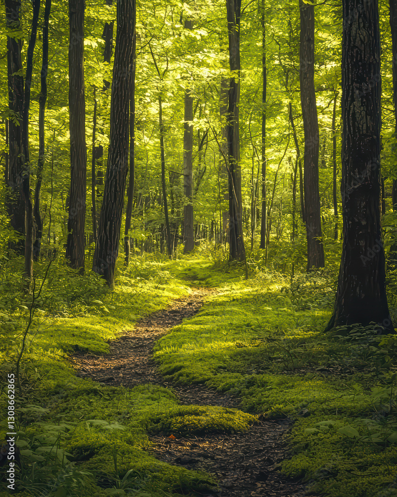Sun-Dappled Trail: A winding path inviting discovery through a verdant forest, the air thick with the scent of moss and the symphony of nature. Sun-Dappled Trail: A winding path inviting discovery through a verdant forest, the air thick with the scent of moss and the symphony of nature.