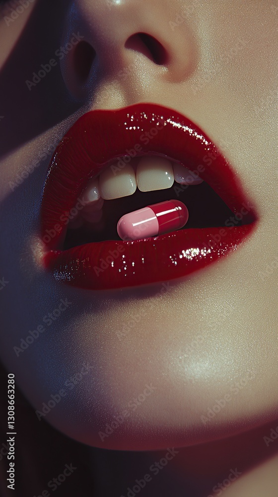 Obraz premium Glossy Red Lips Holding Red and Pink Capsule Pill