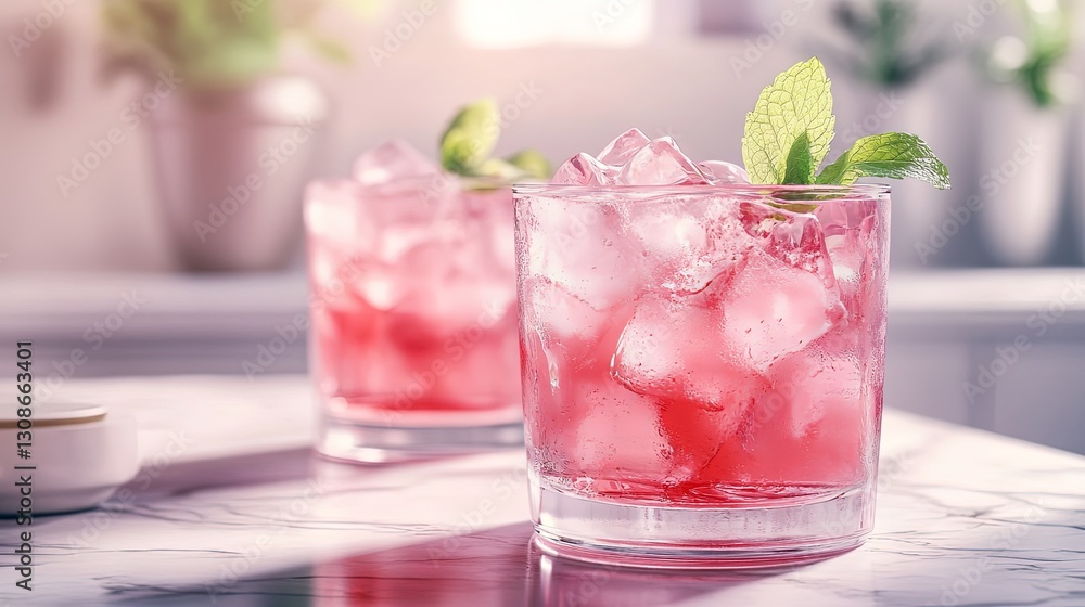 Refreshing Pink Beverage with Ice Cubes and Mint Leaves in Decorative Glasses on a Marble Surface - The Perfect Summer Drink Refreshing Pink Beverage with Ice Cubes and Mint Leaves in Decorative Glasses on a Marble Surface - The Perfect Summer Drink