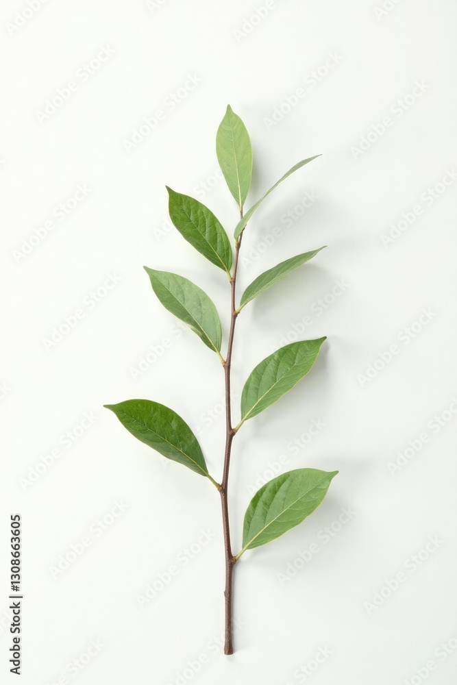 Fototapeta premium Delicate branch with slender leaves isolated on white background, texture, minimalist