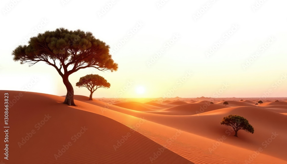 Desert sand dunes at sunset with few trees isolated on white background, solitude, dunes, calm Desert sand dunes at sunset with few trees isolated on white background, solitude, dunes, calm