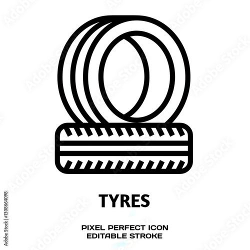 Tyres editable stroke outline icon isolated on white background flat vector illustration, Pixel perfect