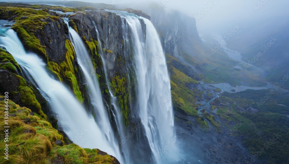 Water flows powerfully over a rocky cliff, surrounded by vibrant green grass and foliage. Mist envelops the mountains in the background, creating a tranquil atmosphere Water flows powerfully over a rocky cliff, surrounded by vibrant green grass and foliage. Mist envelops the mountains in the background, creating a tranquil atmosphere