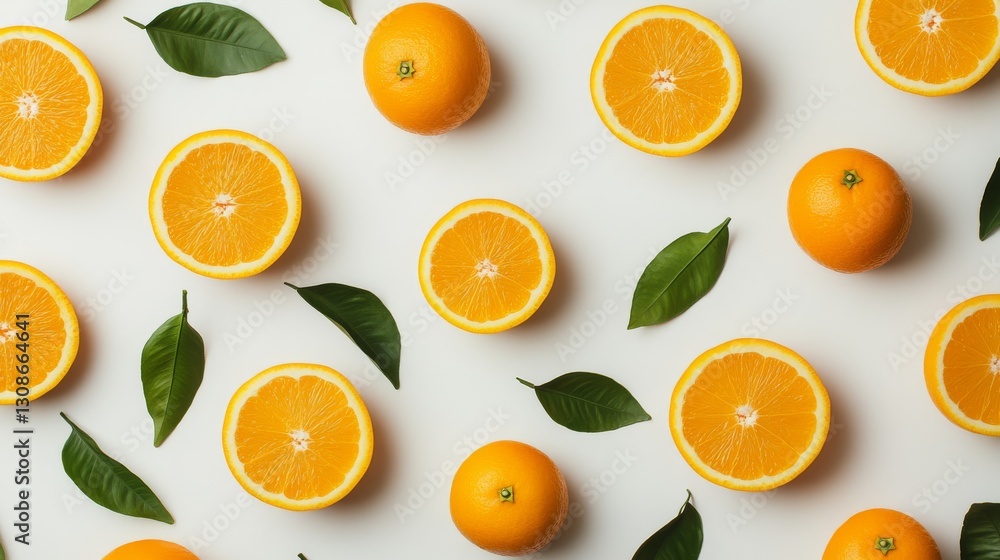 Oranges, with leaves, cut in half and slices, shown against a white background.
Oranges, with leaves, cut in half and slices, shown against a white background.