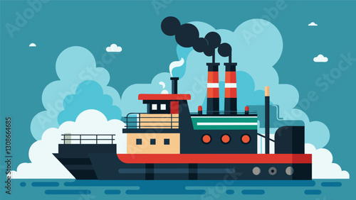 With a burst of black smoke the marine diesel engine roars to life signaling the ships departure from port.. Vector illustration