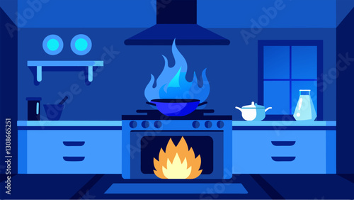 The vibrant blue flame of the stove creates a sense of coziness and warmth in the kitchen.. Vector illustration