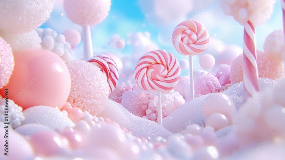 Pink abstract 3d candy clouds, crystal towers, and soap bubbles create a dreamlike Pastel landscape under a blue sky background Pink abstract 3d candy clouds, crystal towers, and soap bubbles create a dreamlike Pastel landscape under a blue sky background