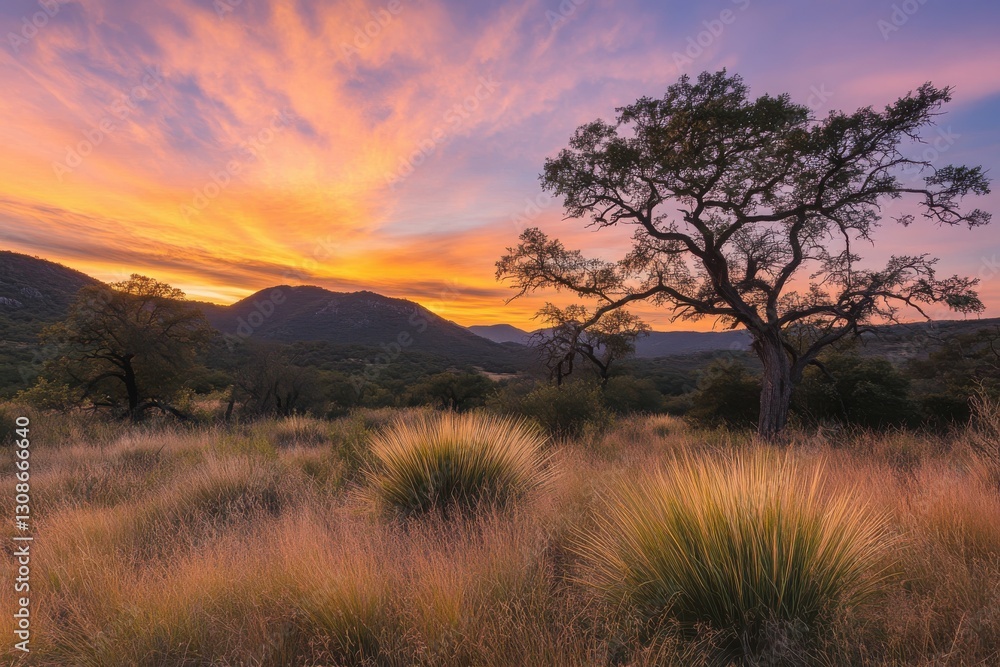 Obraz premium Serene sunset casting vibrant shadows on expansive texas fields adorned with rich native grasses, creating a tranquil rural landscape for nature enthusiasts and photographers