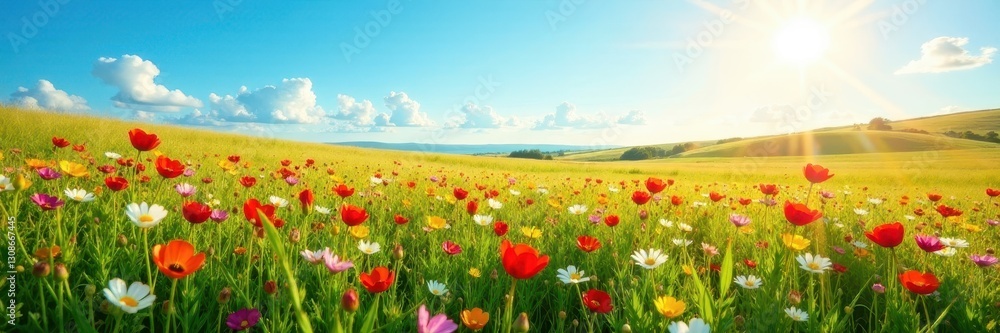 Vibrant wildflowers carpet sun-drenched field, colorful, bright Vibrant wildflowers carpet sun-drenched field, colorful, bright
