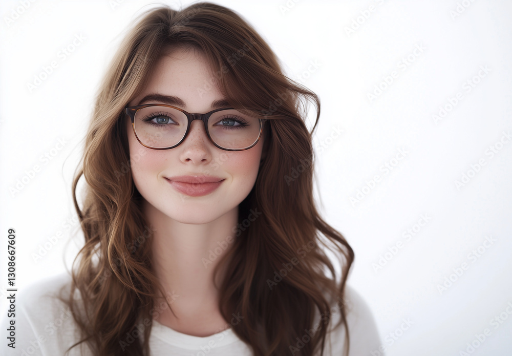 Smiling Young Woman with Glasses, Long Wavy Brunette Hair, Studio Portrait on White Background Smiling Young Woman with Glasses, Long Wavy Brunette Hair, Studio Portrait on White Background