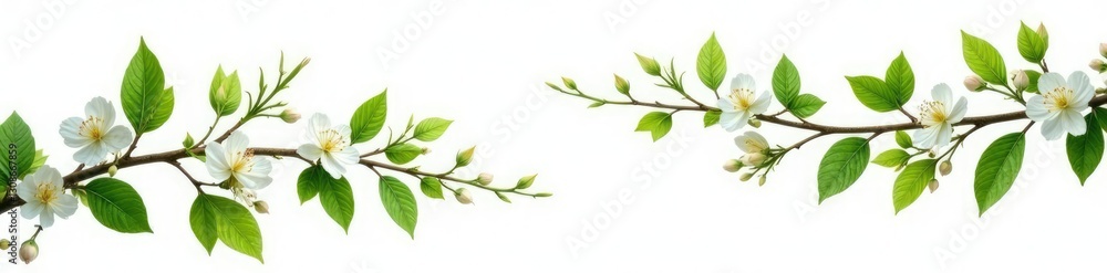 Fototapeta premium Leafy branches with delicate flowers isolated on white background, tree leaves, leafy greens, leafy greens