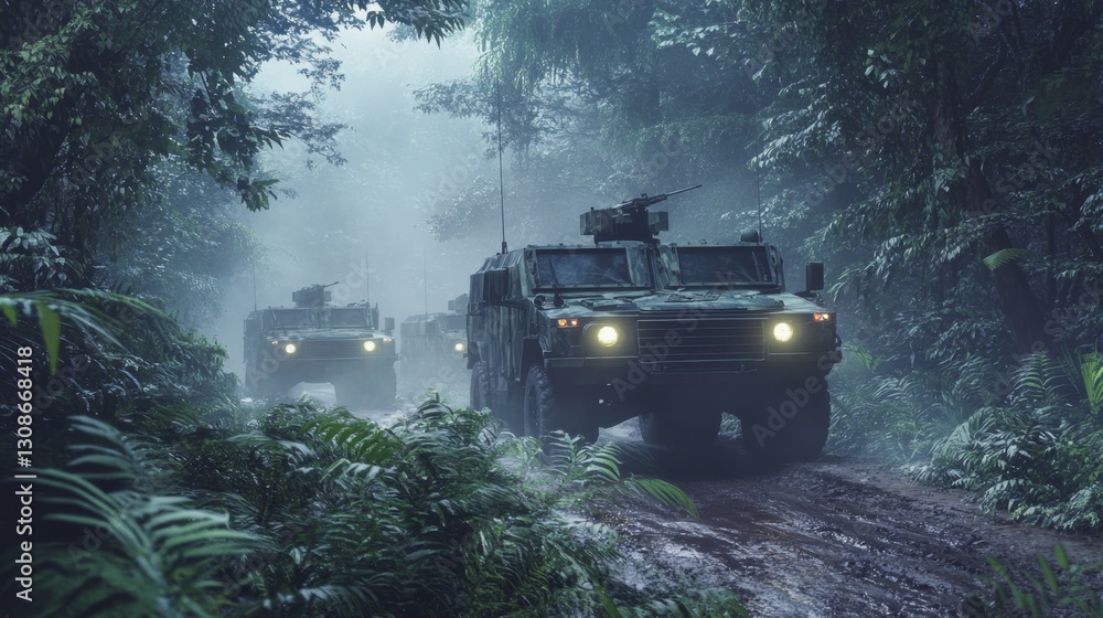 Fototapeta premium Military Vehicles in a Misty Jungle