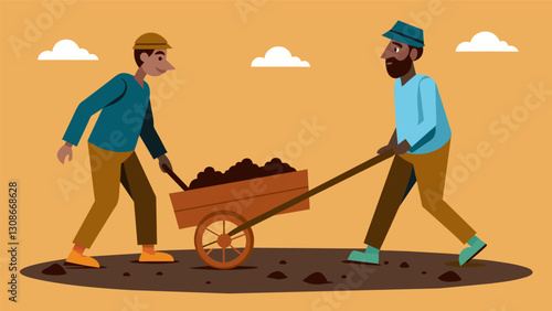 Two men and straining as they pull a wooden cart laden with freshly peat leaving deep footprints in the muddy ground.. Vector illustration