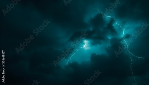 Black dark greenish blue dramatic night sky. Gloomy ominous storm rain clouds background. Cloudy thunderstorm hurricane wind lightning. Epic fantasy mystic. Or creepy spooky nightmare horror concept