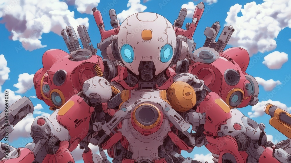 Fototapeta premium A vibrant, detailed illustration of a pink and white mecha robot against a bright blue sky with fluffy white clouds. The robot is intricately designed 