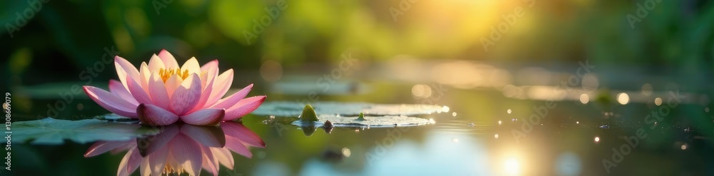 Lilies in a shallow pond with a sunny sky above, peaceful, water Lilies in a shallow pond with a sunny sky above, peaceful, water
