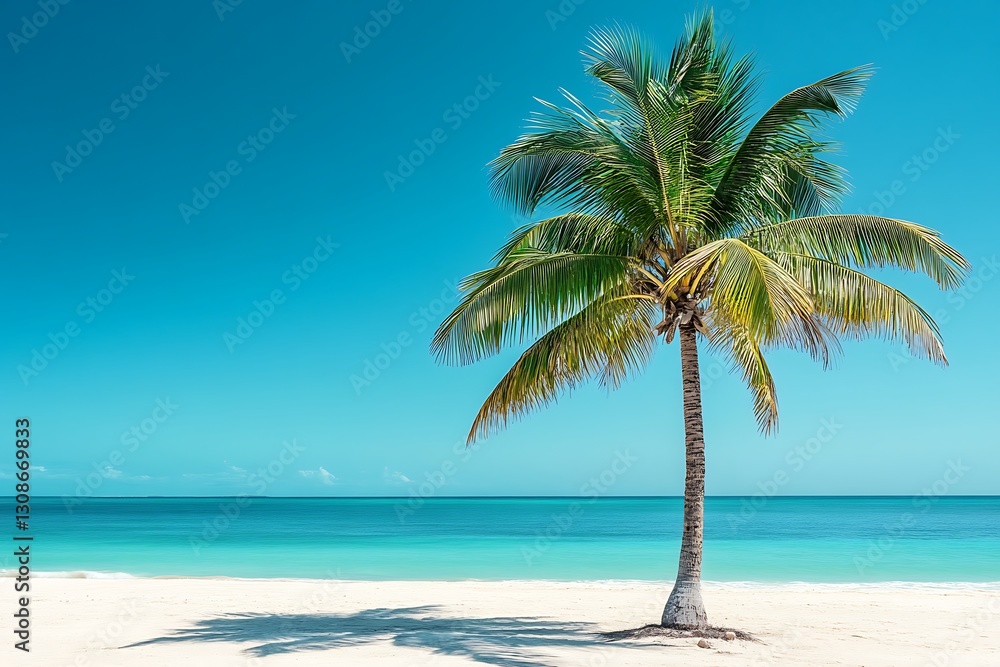 Fototapeta premium Lone palm tree on a pristine beach under a vibrant blue sky.