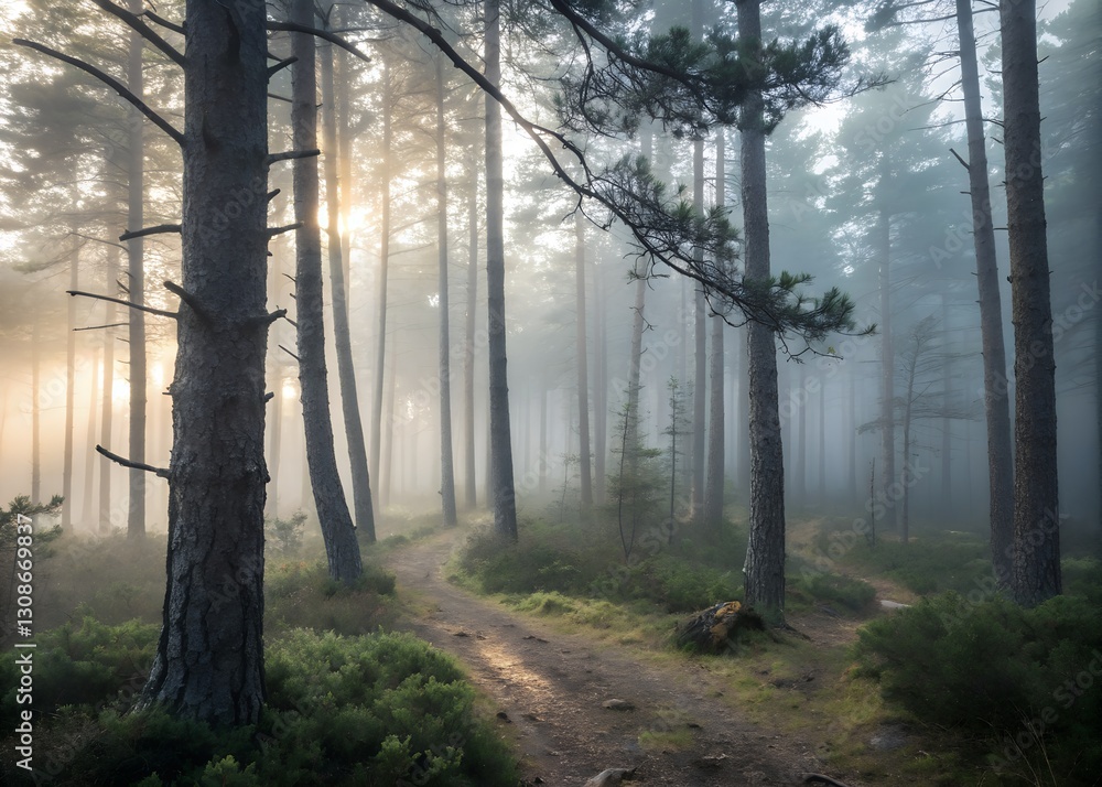 Fototapeta premium Misty Forest with Sunlight Filtering Through Trees