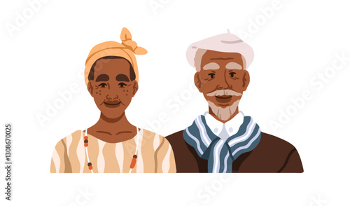 Elderly African American couple. Happy senior black people, man and woman. Old aged mature family. Retired spouses, wife and husband portrait. Flat vector illustration isolated on white background