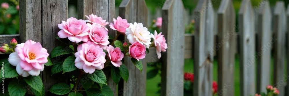 Pink and white blooms entwine on a rustic wooden fence, plant, flowers Pink and white blooms entwine on a rustic wooden fence, plant, flowers