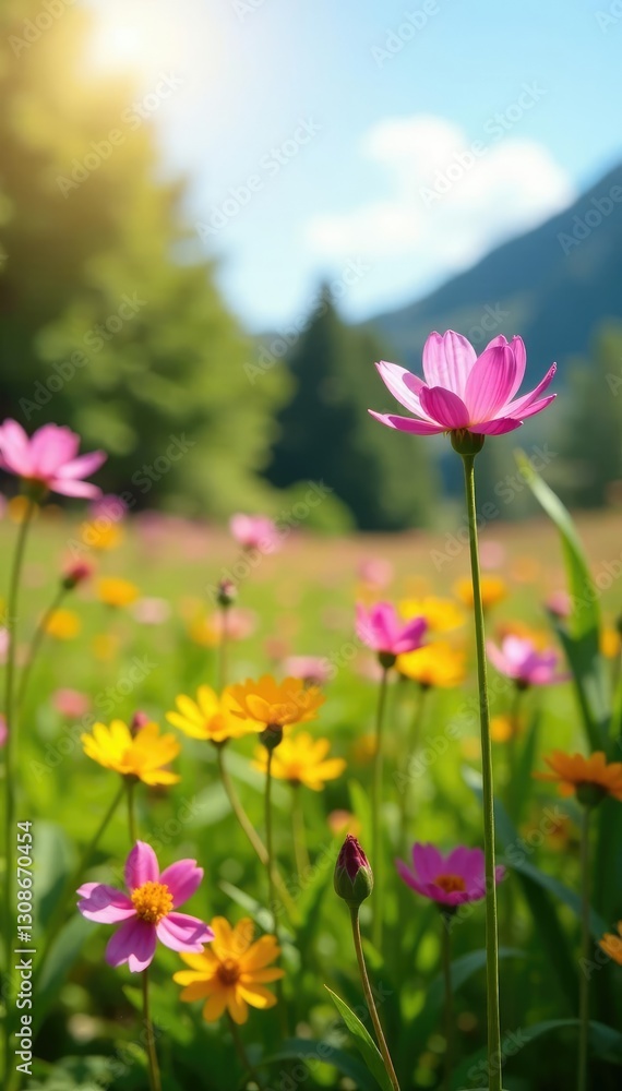 Pink and yellow wildflowers in a sun-drenched meadow, landscape, pink Pink and yellow wildflowers in a sun-drenched meadow, landscape, pink