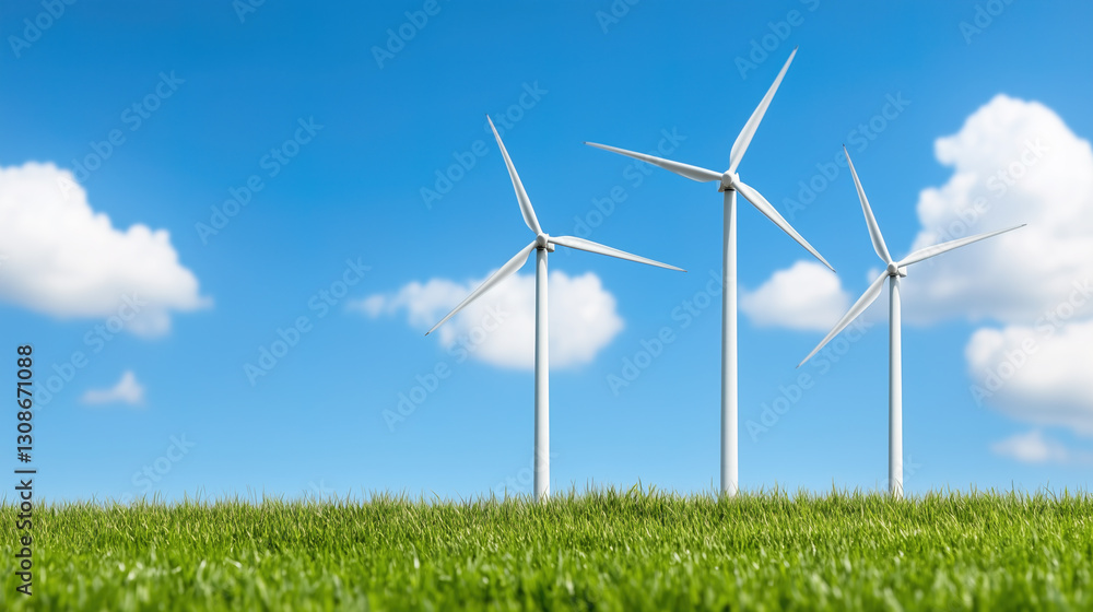 three wind turbines stand in a field under a bright blue sky with fluffy clouds, symbolizing renewable energy and environmental sustainability three wind turbines stand in a field under a bright blue sky with fluffy clouds, symbolizing renewable energy and environmental sustainability