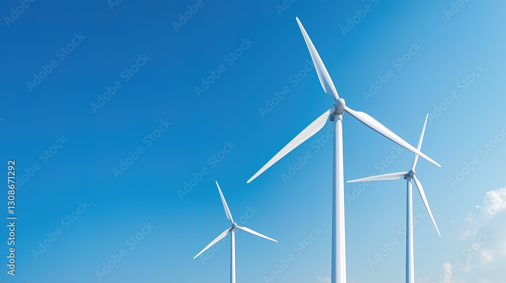 Three wind turbines against a bright blue sky. The wind turbines represent clean energy Three wind turbines against a bright blue sky. The wind turbines represent clean energy