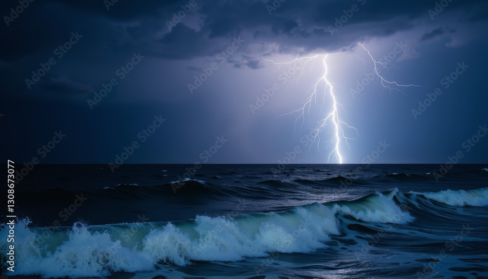 Naklejka premium Intense lightning strike illuminating stormy sea at night, natural power
