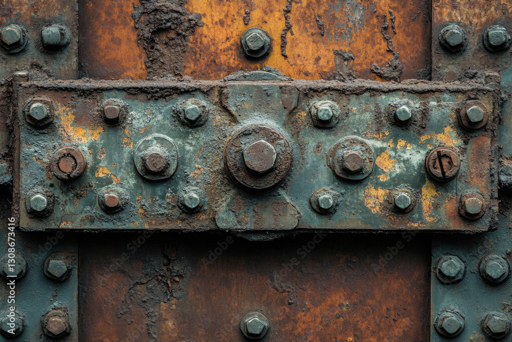 Rusty metal plate with bolts and nuts, showing signs of age and weathering. Rusty metal plate with bolts and nuts, showing signs of age and weathering.