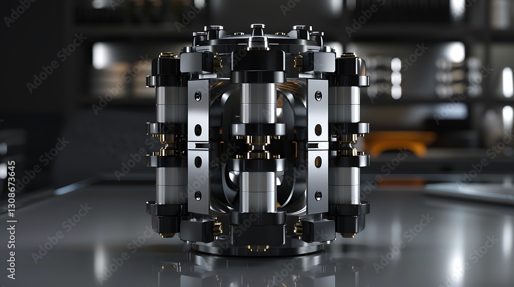 Detailed Close-Up of Metallic Mechanical Device with Complex Components in Modern Setting Detailed Close-Up of Metallic Mechanical Device with Complex Components in Modern Setting