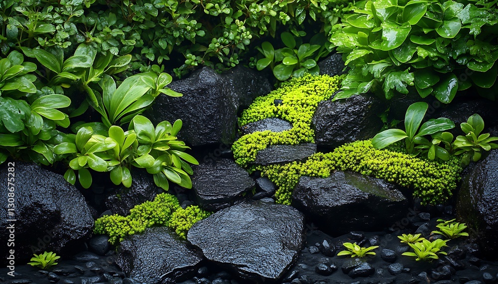 Lush green moss and plants growing on dark rocks. Lush green moss and plants growing on dark rocks.