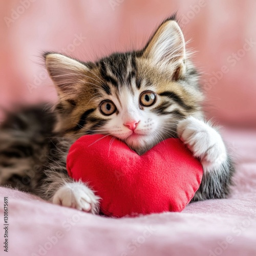 Charming fluffy kitten resting on a pink surface, paws wrapped around a cute red heart pillow, evoking tenderness