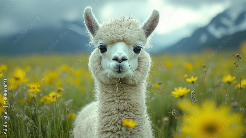 Obraz premium Adorable alpaca in flowering meadow with majestic mountain background