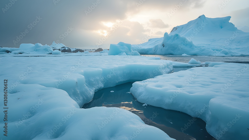 Ice melting in Arctic region. Climate change awareness through striking visuals. Impact of global warming on polar habitats. Stunning reality of disappearing ice caps. Ice melting in Arctic region. Climate change awareness through striking visuals. Impact of global warming on polar habitats. Stunning reality of disappearing ice caps.