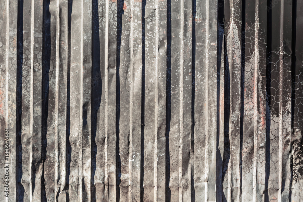 Burnt and deformed corrugated metal sheets with cracks and darkened texture, creating an industrial and abstract background. Burnt and deformed corrugated metal sheets with cracks and darkened texture, creating an industrial and abstract background.
