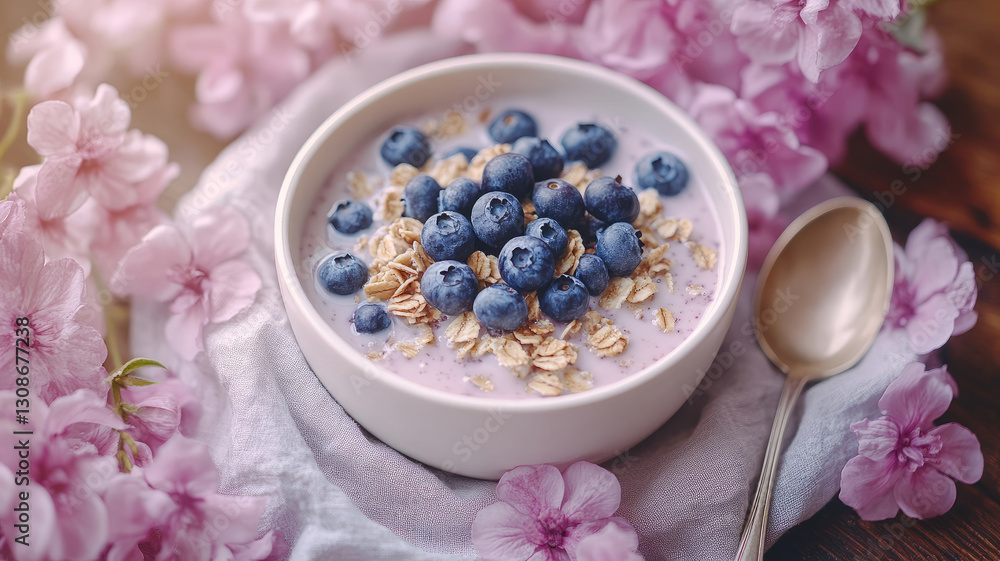 Bowl of oatmeal with blueberries and granola, surrounded by flowers. Bowl of oatmeal with blueberries and granola, surrounded by flowers.
