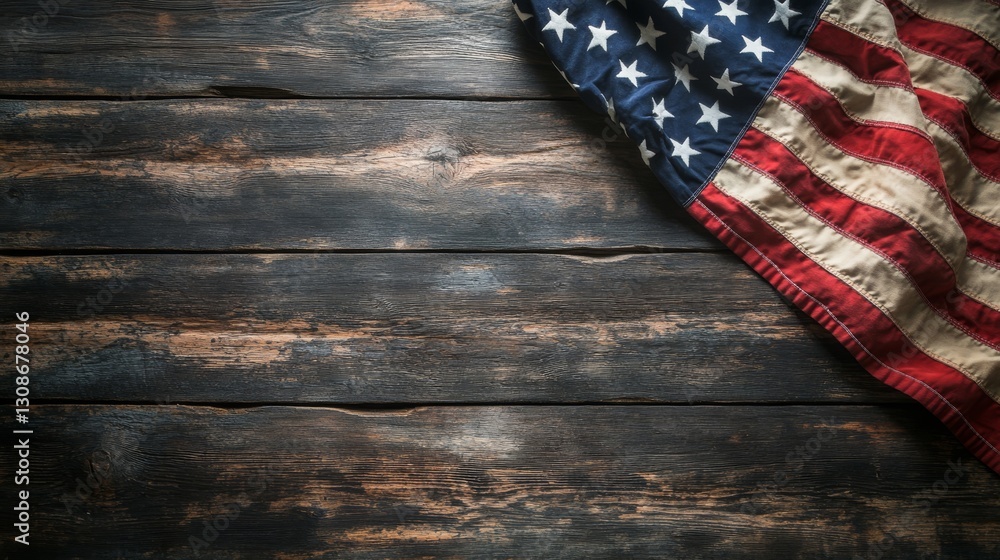 Obraz premium A happy 4th of July image: an American flag on dark wood. 