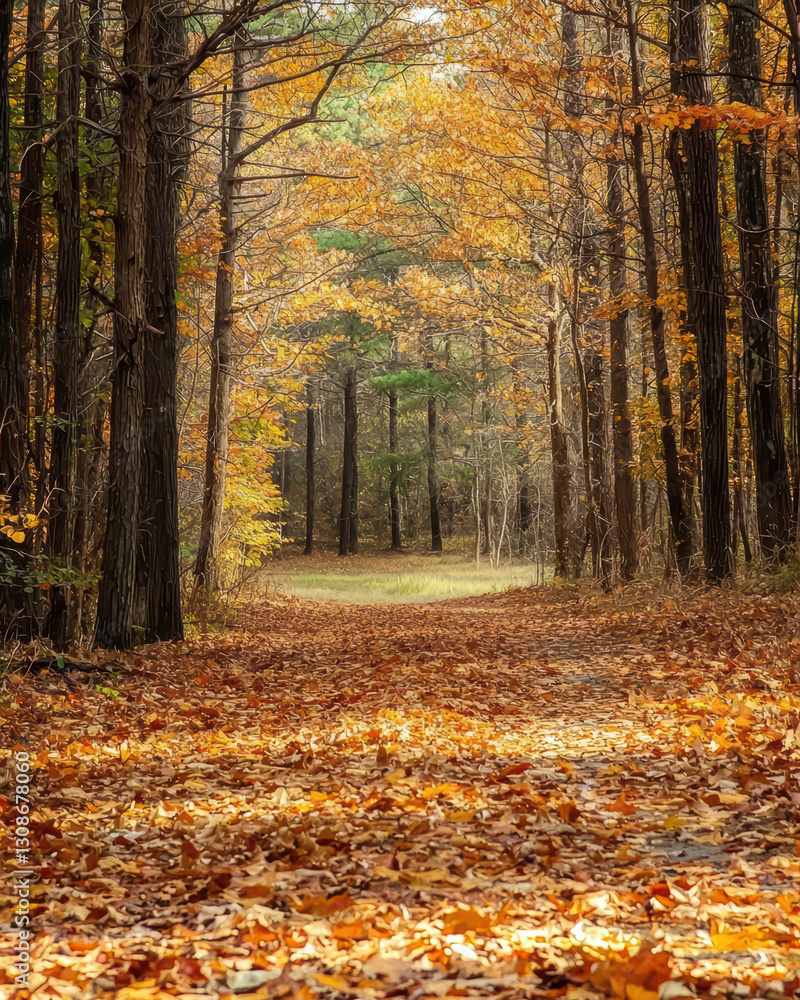 Obraz premium Pathway to Serenity: An inviting forest path beckons, carpeted with golden autumn leaves, framed by towering trees that reach for the heavens. It's a scene that evokes feelings of calm and peace