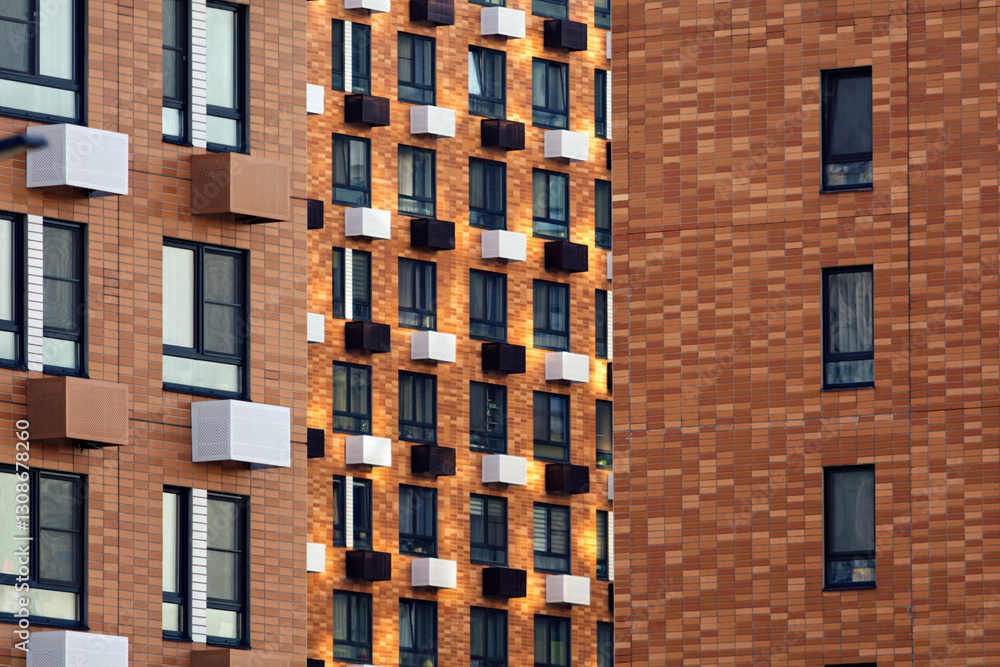 Fototapeta premium Modern residential buildings with brick facades and a rhythmic arrangement of windows create an abstract geometric pattern in the urban space.