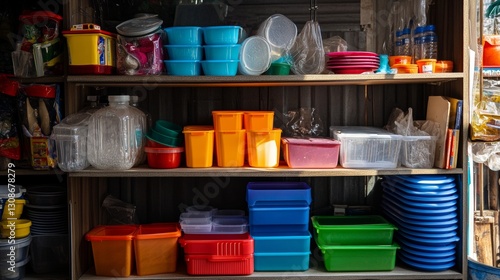 A Lviv store neatly displays household items and plastic containers on February 16, 2025.
 photo