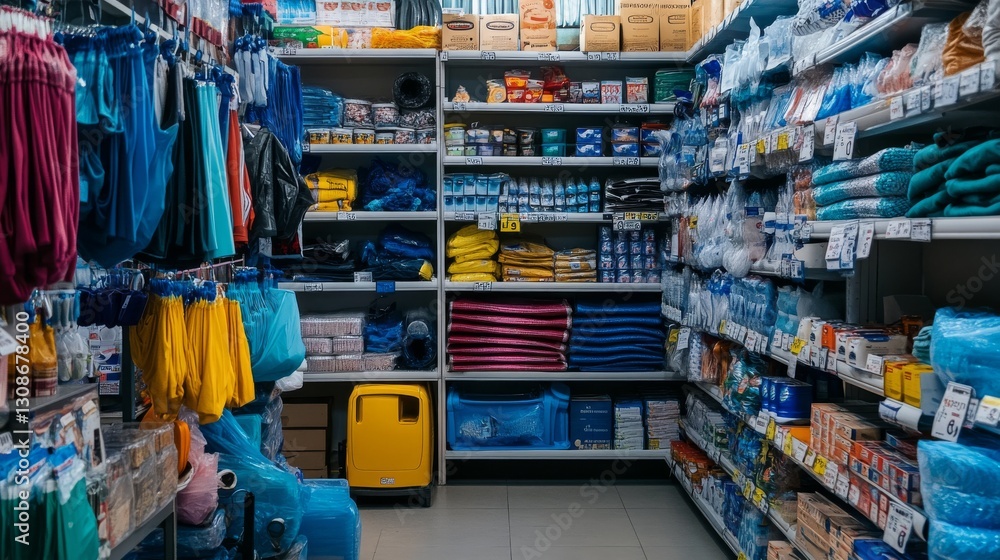 Naklejka premium A neatly organized Lviv store, February 16, 2025, displayed foldable clothes dryers, household goods, and plastic items. 